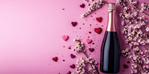 Poster - Adorable high-colored Valentine's Day background featuring a pink champagne bottle, spring blossom flowers, small heart decorations, on a violet Very Peri color flatlay with copy space.