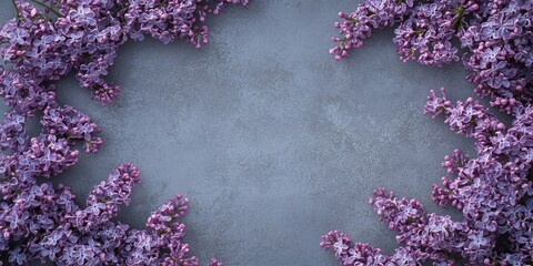 Poster - Spring floral frame idea featuring lilac flowers set against a grey background with copyspace.