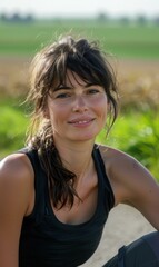 Wall Mural - A woman in workout clothes smiles at the camera. AI.