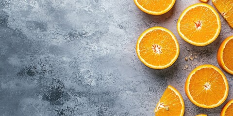 Poster - Sliced oranges against a gray background, top view. This fruit provides vitamins and ingredients for juice production.