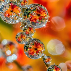 Sticker - Water droplets reflecting colorful flowers. AI.