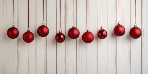 Poster - Red Christmas ornaments hanging on a light wooden backdrop. New Year decor.