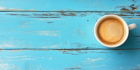 Aufkleber - Coffee cup on a blue wooden surface