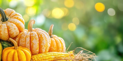 Poster - Pumpkin and corn close-up. Green backdrop. Harvesting copyspace.
