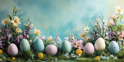 Aufkleber - Easter backdrop featuring Easter eggs and spring flowers.