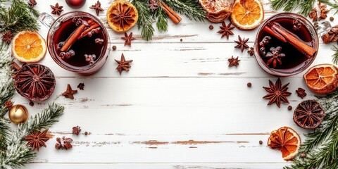 Aufkleber - Christmas food backdrop - mulled wine. Ornamental border of spices and drinks on a white wooden board. Top view. Preparation of the beverage.