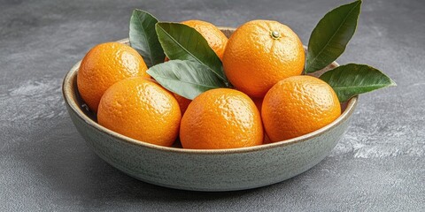 Poster - Mandarins with leaves in a bowl on a gray background.