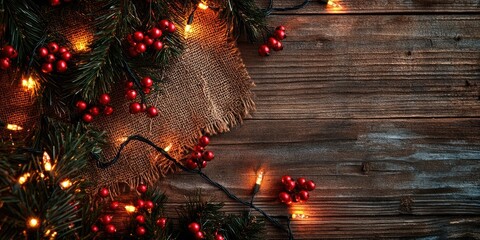 Aufkleber - A Christmas backdrop featuring a burlap decoration with berries on a wooden surface, adorned with Christmas lights and copy space.