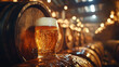 © SashaMagic - Glass of beer with foam in a brewery, wooden barrels in background.