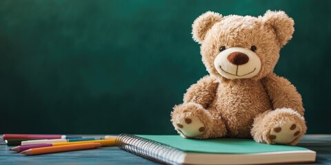 Teddy bear sitting on a notebook with a green background, copy space.