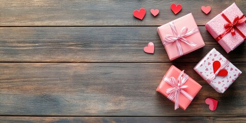 Poster - Valentine's Day gift boxes background, a frame for holiday greeting cards, old wooden table flat lay, top view, copy space banner.