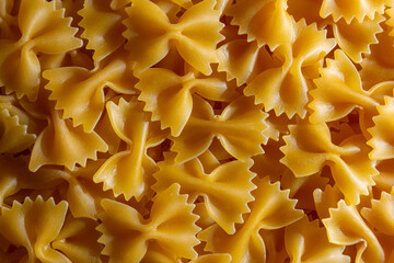 Uncooked Farfalle Pasta: A Culinary Canvas of Bow-Tie Macaroni, Creating a Lively and Textured Background for Gourmet Cooking. Dry Pasta. Raw Macaroni - Top View, Flat Lay