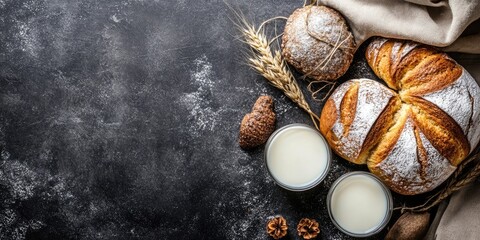 Aufkleber - Delicious baked good with milk on a dark background. Copyspace