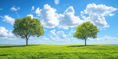 Poster - Spring view of a picturesque landscape featuring a green meadow and two trees under a sunny blue sky with clouds along the Atlantic coast.