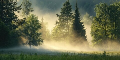 Poster - Fog covering trees and meadow. Scene captured early in the morning.