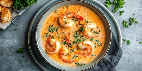 Aufkleber - Delicious shrimp cream soup served on a plate atop the table.