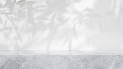 Leinwandbilder - Marble table abstract empty white podium table background copy space for presentation and mock up. Grey abstract studio mock up background for products. Illuminated podium table with sunlight shadows