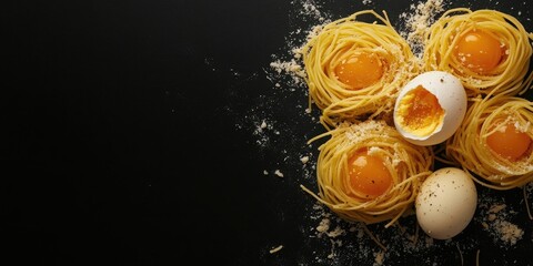 Wall Mural - Egg pasta nests on a black background. Copyspace.