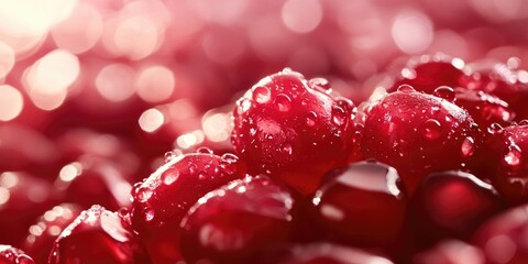 Poster - Water droplets on ripe, sweet pomegranate seeds. Fresh pomegranate backdrop with copyspace for your text. Concept for vegans and vegetarians.