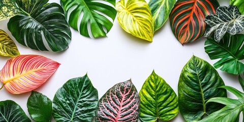 Canvas Print - Group of diverse leaves on a white background. Tropical plant leaves showcasing their texture. Concept with copy space for text.