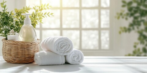 Poster - Copy space. A rolled-up white towel is in a basket, with a bottle of soap on the white table, reflecting spa and health care themes.