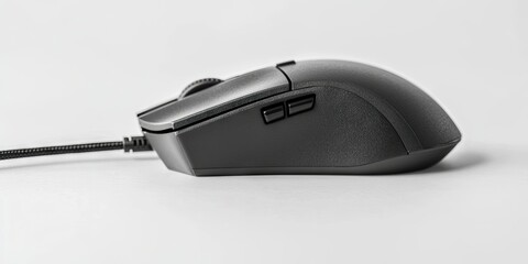 Poster - black optical mouse with a cord on an isolated white background, optical computer mouse in black with a cord on an isolated white background featuring copy space
