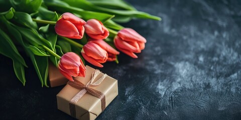 Poster - Tulips and a gift box on the surface.