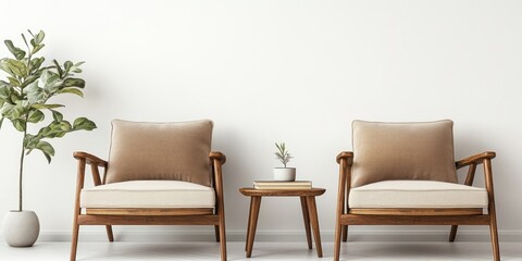 Brown wooden armchairs with a side table on white