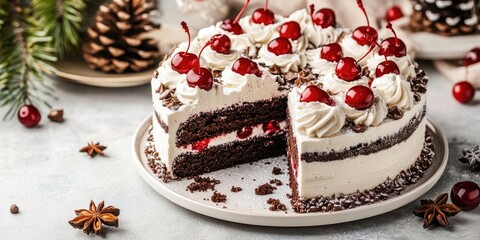 Aufkleber - Black forest cake adorned with whipped cream and cherries on a light concrete table, slice of cake. Christmas cake.
