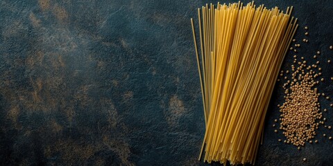 Poster - Raw whole-grain brown spaghetti, made from wheat flour, sits on a dark stone background and is rich in nutrients like protein, carbohydrates, and fiber, top view and copy space.