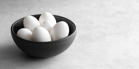 Poster - organic white eggs in a dark gray bowl on a white background with copyspace for text