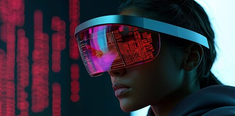 Poster - In a glowing virtual headset with connection, earth sphere and lines, a woman looks up at a hologram in virtual reality glasses.