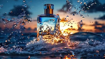Poster - Captivating splash in golden water at sunset with a bottle revealed in the serene ocean environment