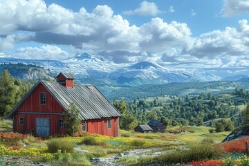 traditional agricultural scene with a farmer harvesting in lush surroundings