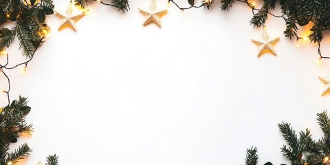 Aufkleber - Christmas frame featuring star-shaped light garlands on a white background with copy space. Flat lay, top view. Xmas greeting card.