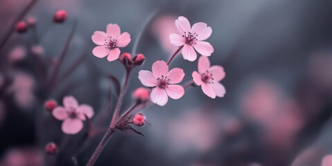 Poster - Gray background featuring a cluster of small pink flowers.