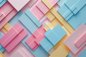 Poster - Abstract background with geometric shapes in pastel colors, featuring light blue and pink hues. The composition includes large paper sheets arranged to create an intricate pattern, giving the impressi