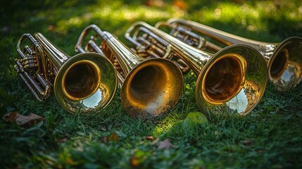 Close-up of a vintage brass band set, featuring a trumpet, baritone, and tenor, on lush green grass in a city park.