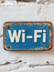 Vintage Wi-Fi sign on a weathered brick wall