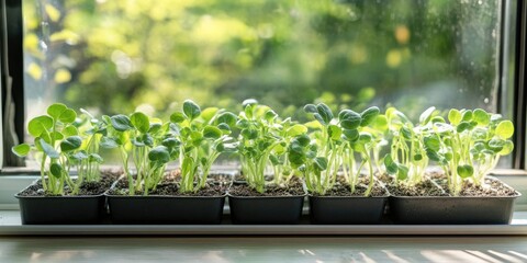 Poster - Seedlings of plants in a small greenhouse. Germinated seeds. Young plant sprouts. Cultivating plants from seedlings. Germinated seeds. A vegetable garden on a windowsill. Copyspace.