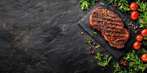 Poster - Grilled cowboy beef steak with herbs and spices on a dark stone background. Barbecue. Top view. Copyspace available for text.