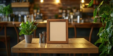 Aufkleber - Menu frame mock-up placed on a wooden table in a bar, restaurant, or cafe. Space for text.
