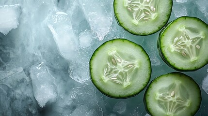 Generative AI Image of Sliced Cucumbers Floating in Cold Fresh Frozen Icy Ice Cubes Liquid