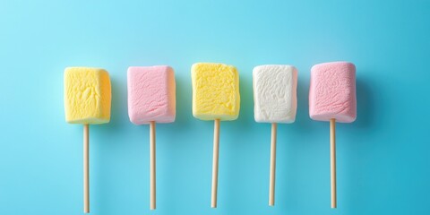 Poster - Yellow and pink marshmallows on sticks against a light blue background.