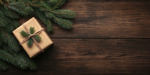 Aufkleber - Christmas gift box beside a fir pine tree branch on a wooden desk. Copy space for text.