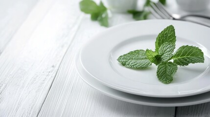 Sticker - A white plate with a sprig of fresh mint on a white wooden table.