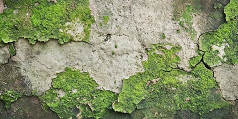 Poster - Mossy and cracked old wall background idea, Close-up of worn cement texture. Flaking wall or pavement material.