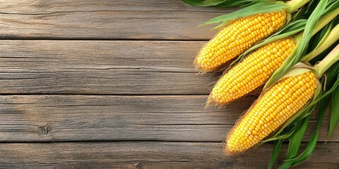 Aufkleber - Corns or Maizes Isolated on a Wooden Background with Copy Space for Text in a Horizontal Layout, Ideal for Wallpaper.
