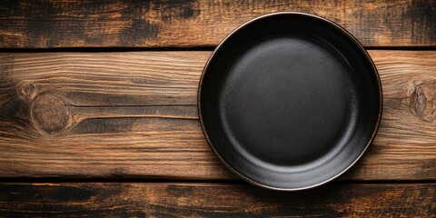Aufkleber - Black plate on a brown wooden table, Copyspace for text, Vintage style.