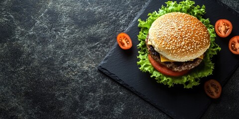 Poster - Fast food idea: Homemade hamburger on a black slate plate with copyspace.